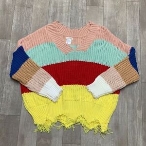 Main‎ Strip Distressed V-Neck Rainbow Sweater